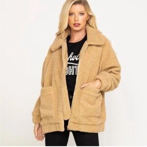 Show Me Your Mumu Cordelia Teddy Jacket Brown/Tan Size Small Warm Cozy Outdoors
